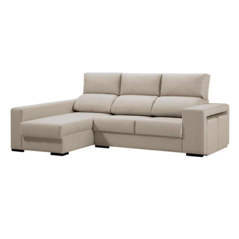 Sofá de Canto Marbella com Chaise Longue, Arrumação e Puffs - Bege