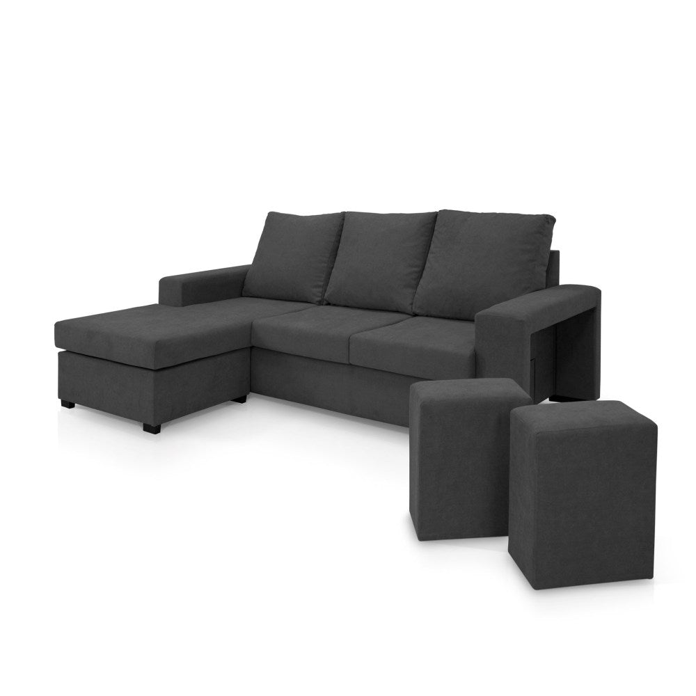 Sofá de Canto Liz com Chaise Longue e Puffs - Cinza