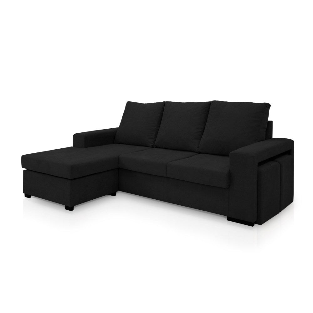 Sofá de Canto Liz com Chaise Longue e Puffs - Preto