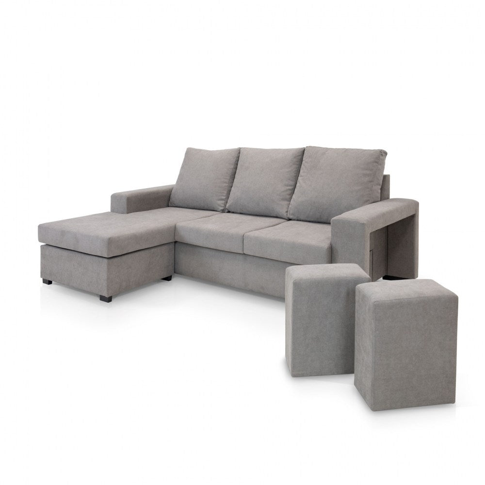 Sofá de Canto Liz com Chaise Longue e Puffs - Toupe