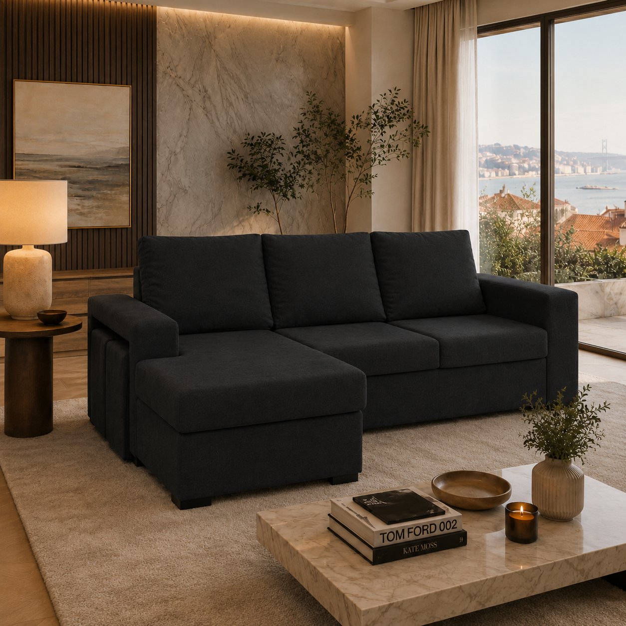 Sofá de Canto Liz com Chaise Longue e Puffs - Preto
