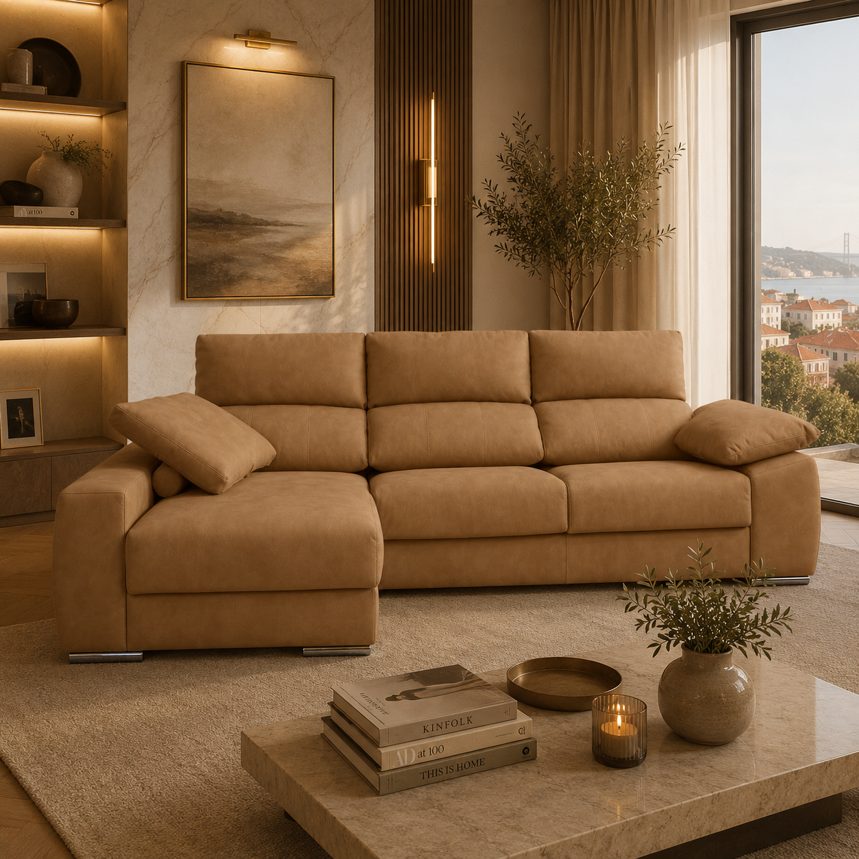 Sofá de Canto Compostela com Chaise Longue Reversível e Arrumação - Camel
