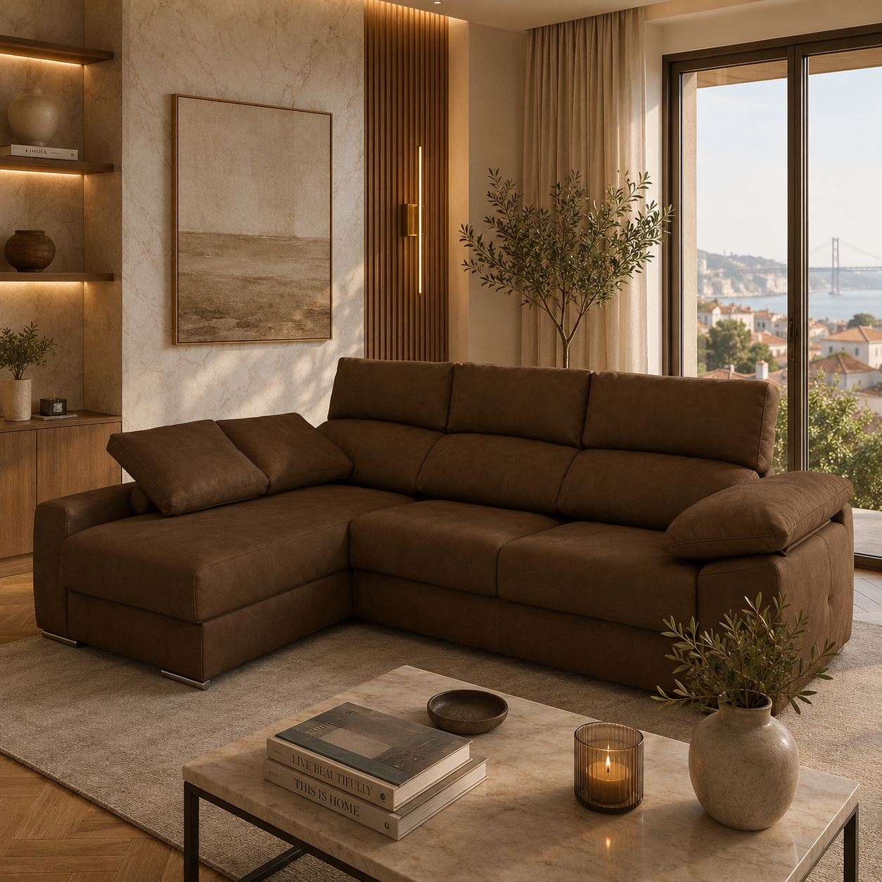 Sofá de Canto Compostela com Chaise Longue Reversível e Arrumação - Castanho